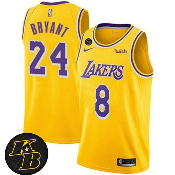 Men's Los Angeles Lakers Front #8 Back #24 Kobe Bryant Yellow With KB Patch Stitched NBA Jersey